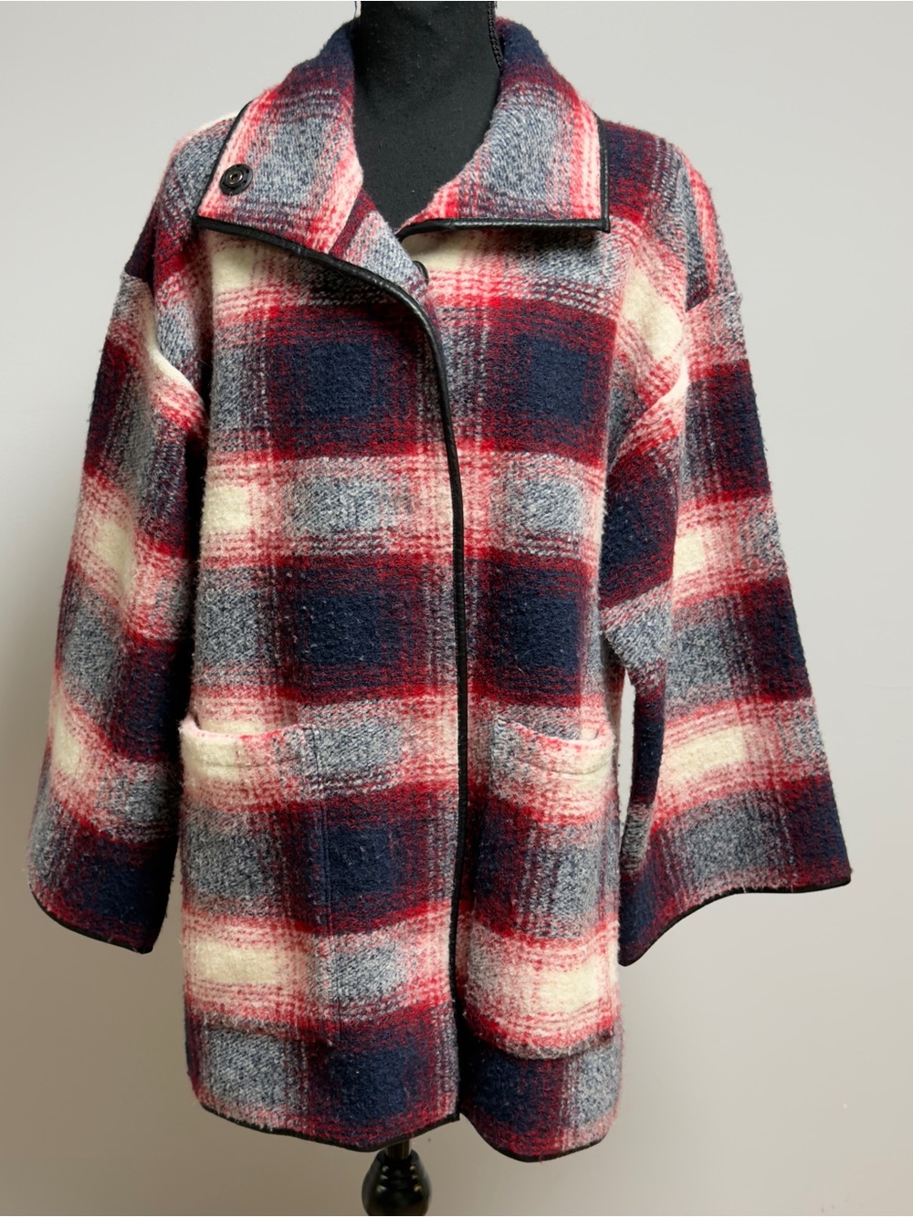 Soft Surroundings Wool Blend Plaid Jacket Coat S Red Navy Asymmetric Funnel Neck